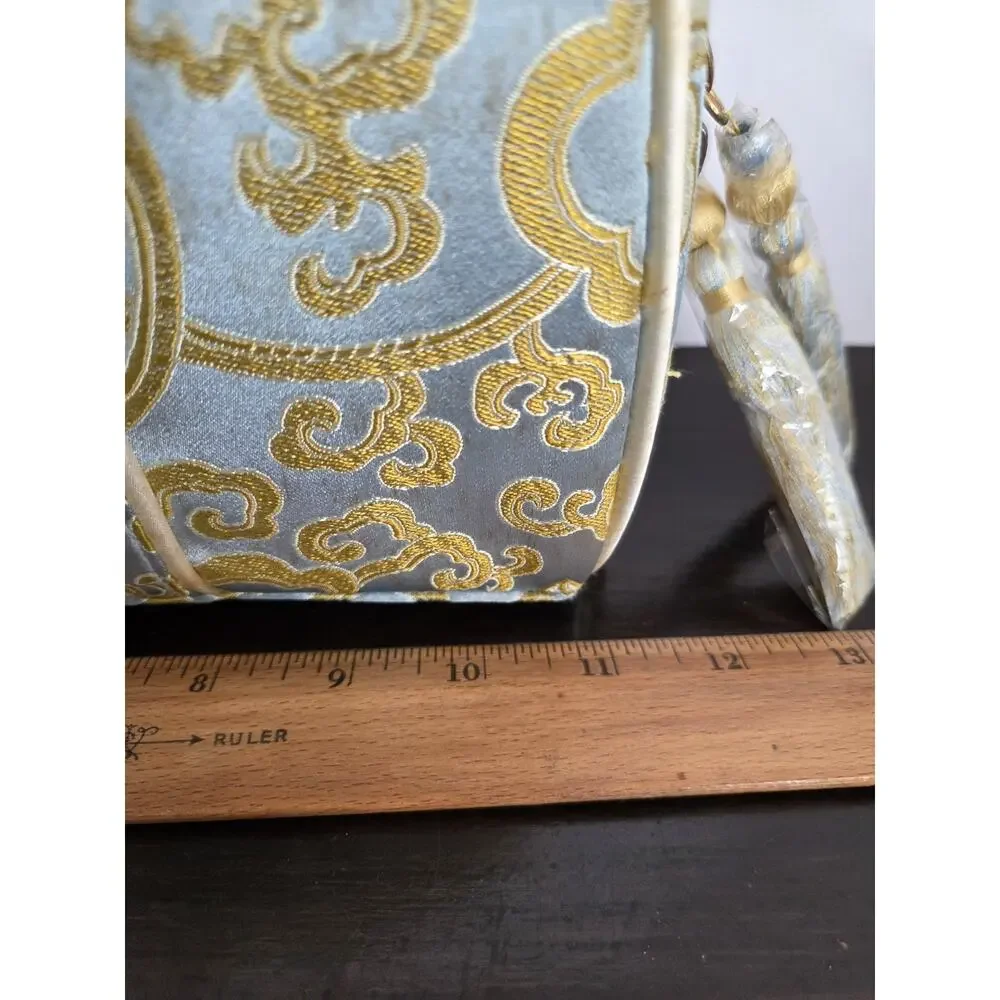 4 Piece Chinoiserie Zip Travel Cosmetic Tote Bag Set Blue Gold Satin